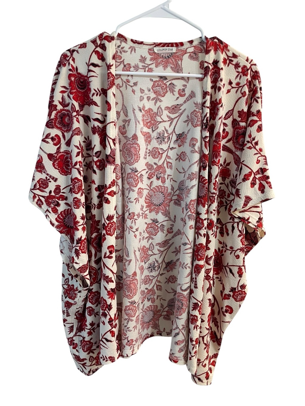 Lollipop Star Red Cream Floral Open Kimono Cardigan Polyester Spandex Boho Women